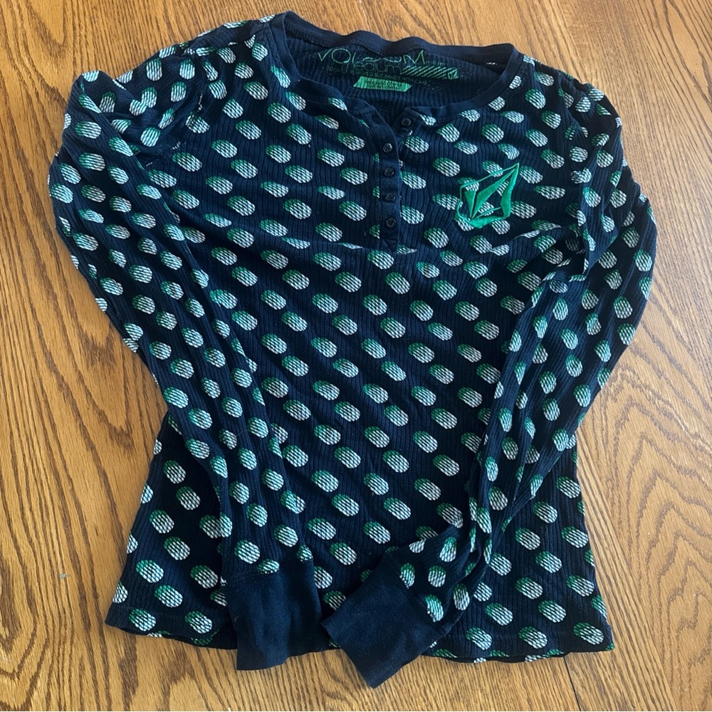 Volcom Navy Long-Sleeve Henley with Teal Dot Pattern